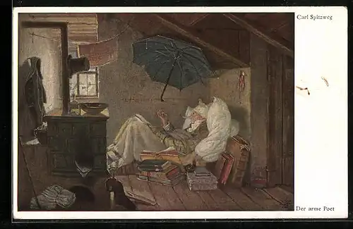 Künstler-AK Carl Spitzweg: Der Arme Poet, im Bett liegend