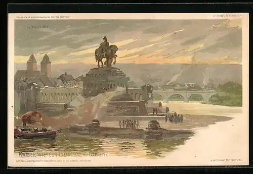 Künstler-AK P. Schmohl: Coblenz, Dampfschiff vor dem Kaiser Wilhelm-Denkmal
