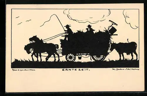 Künstler-AK Marta Sachse-Schubert: Erntezeit, Heukarren mit Kuh angebunden