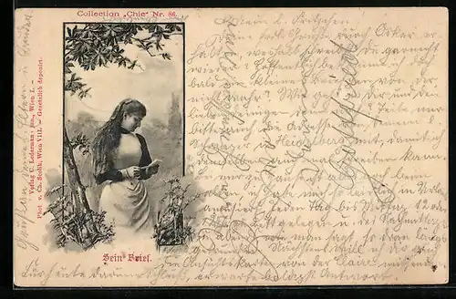 Künstler-AK Charles Scolik: Sein Brief, Junge Frau mit der Korrespondenz des Liebsten im Garten