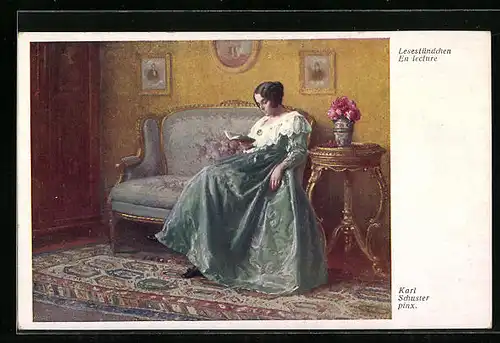 Künstler-AK Karl Maria Schuster: Lesestündchen, Frau im grünen Kleid liest ein Buch
