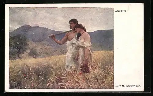 Künstler-AK Karl Maria Schuster: Abendlied, Junges Paar in einfacher Kleidung auf dem Feld