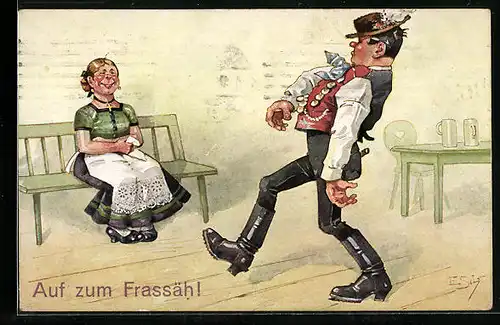 Künstler-AK Ernst Schlemo: Auf zum Frassäh, Mann in Tracht tanzt eine Frau an