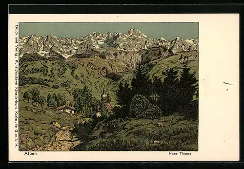 Künstler-AK Hans Thoma: Alpenpanorama, Blick zur Kapelle im Tal