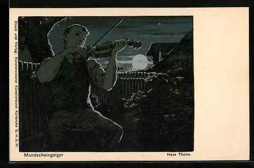 Künstler-AK Hans Thoma: Mondscheingeiger, Junger Mann spielt in der Nacht