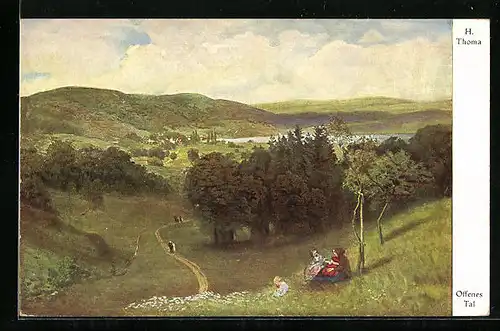 Künstler-AK Hans Thoma: Offenes Tal, Familie sitzt im Gras, Panoramablick zum See