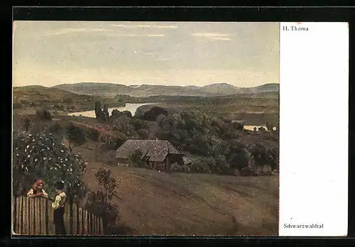 Künstler-AK Hans Thoma: Schwarzwaldtal, Bauernhütte mit Blick zum Fluss