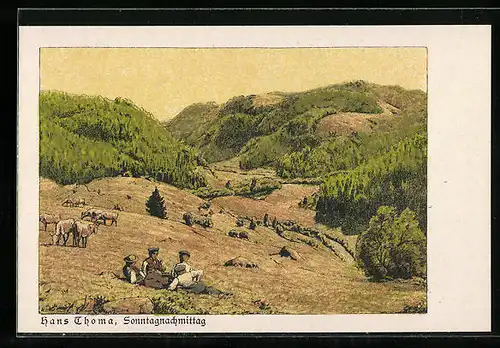 Künstler-AK Hans Thoma: Sonntagnachmittag, Talblick mit Bauernjungen und Kühen