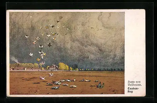 Künstler-AK Hans von Volkmann: Taubenflug, Strandbild mit Tauben und Blick zur Ortschaft