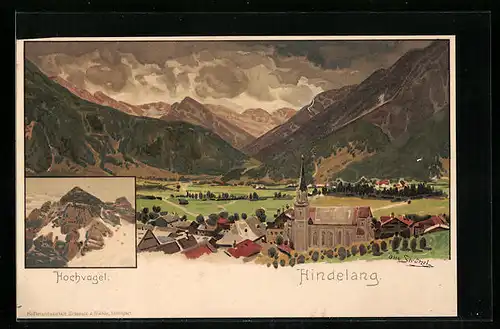 Künstler-AK Otto Strützel: Hindelang, Ortstotale mit Kirche, Blick zum Hochvogel