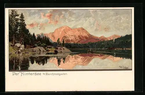 Künstler-AK Otto Strützel: Berchtesgaden, am Ufer des Hintersee, Blick auf die Berge