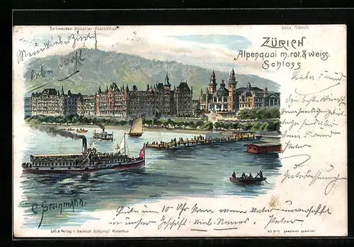 Künstler-AK C. Steinmann Nr. 2115: Zürich, Alpenquai m. roten & weissen Schloss, Ausflugsdampfer