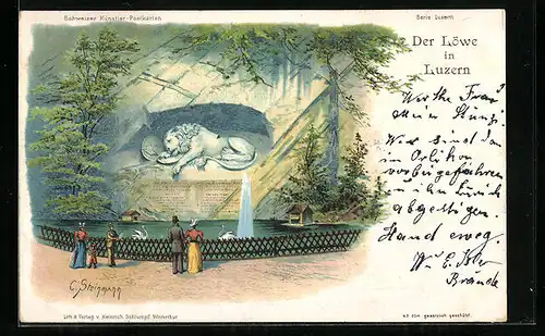 Künstler-AK C. Steinmann Nr. 2014: Luzern, Passanten am Denkmal Zum Löwen mit Wasserkunst
