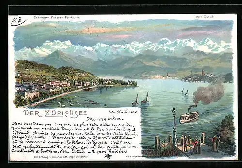 Künstler-AK C. Steinmann Nr. 2107: Der Zürichsee, Blick auf die Stadt Zürich und die Alpen