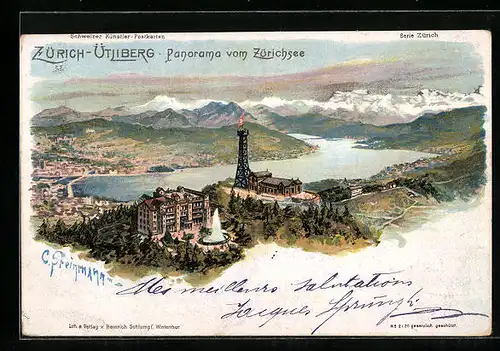 Künstler-AK C. Steinmann Nr. 2120: Zürich - Ütliberg, Panorama vom Zürichsee mit Gebirgspanorama