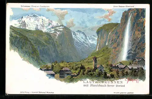 Künstler-AK C. Steinmann Nr. 2050: Lauterbrunnen mit Staubbach im Berner Oberland, Blick zum Wasserfall