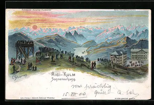 Künstler-AK C. Steinmann Nr. 2063: Rigi-Kulm, Sonnenaufgang, Besucher auf der Aussichtsplattform