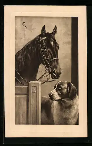 Präge-Künstler-AK Carl Reichert: Hund im Stall vor einem schwarzen Pferd