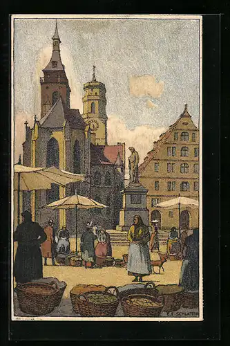 Künstler-AK Ernst E. Schlatter: Zürich, Wochenmarkt vor der Stiftskirche