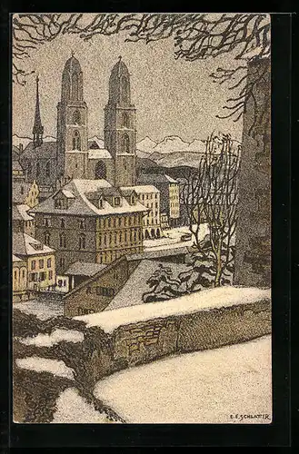 Künstler-AK Ernst E. Schlatter: Zürich, Stadtansicht mit dem Grossmünster im Schnee