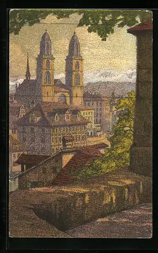 Künstler-AK Ernst E. Schlatter: Zürich, Blick auf das Grossmünster