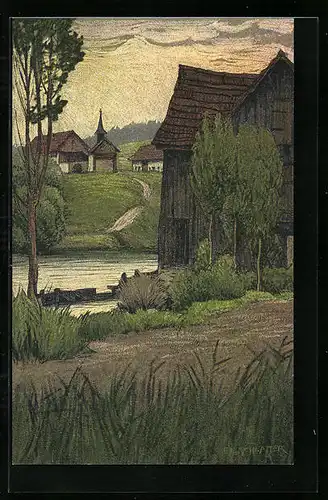 Künstler-AK Ernst E. Schlatter: Ober-Gailingen, Hütte am Ufer mit Blick zur Kapelle