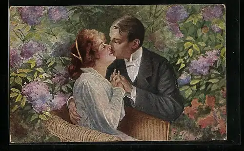 Künstler-AK Arno von Riesen: Des Lebens Mai, Pärchen im Garten beim Küssen