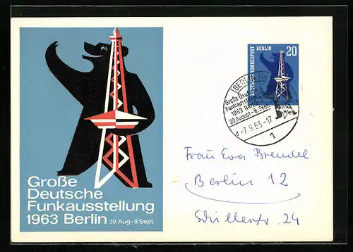 AK Berlin, Grosse Deutsche Funkausstellung 1963, Berliner Bär mit Funkturm