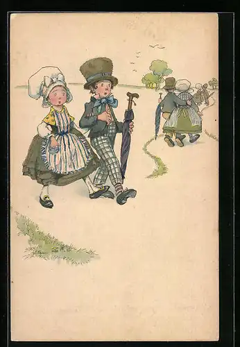 Künstler-AK Kinder in niederländischen Trachten beim Spaziergang