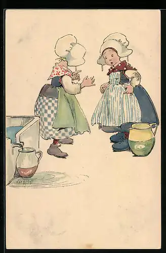 Künstler-AK Mädchen in niederländischen Trachten beim Wasserholen