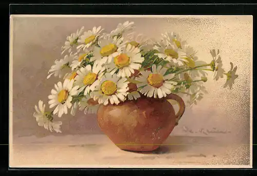 Künstler-AK Catharina Klein: Orangene Vase mit weiss-gelben Blumen