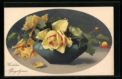 Künstler-AK Catharina Klein: Vase mit gelben Rosen, Pfingstgrüsse