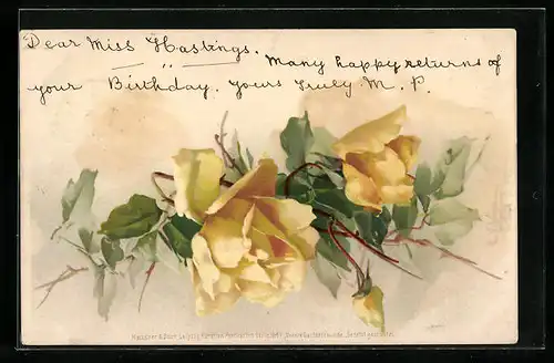 Künstler-AK Catharina Klein: Gelbe Rosen mit Blattwerk