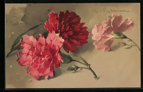 Künstler-AK Catharina Klein: Zwei Rote und eine Rosane Blume