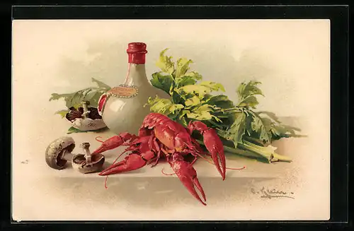 Künstler-AK Catharina Klein: Stillleben mit Weinkrug, Pilzen und Staudensellerie