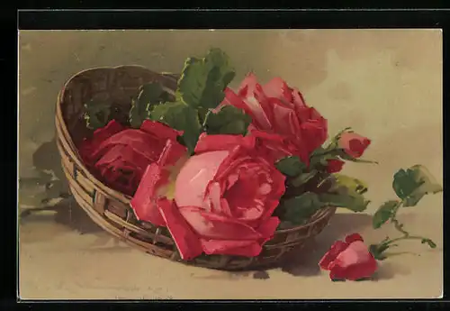 Künstler-AK Catharina Klein: Korb voller roter Rosenblüten