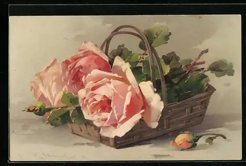 Künstler-AK Catharina Klein: Korb voller Rosenblüten