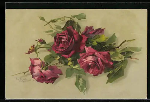 Künstler-AK Catharina Klein: Rote Rosenblüten zu einem Gesteck gebunden