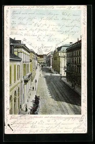 AK Basel, Stadttheater und Kunsthalle mit Strassenbahn