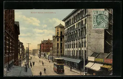 AK Johannesburg, Market Street, Strassenpartie mit Strassenbahn