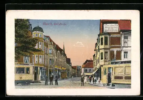 AK Moers, Steinstrasse mit Cafe und Strassenbahn
