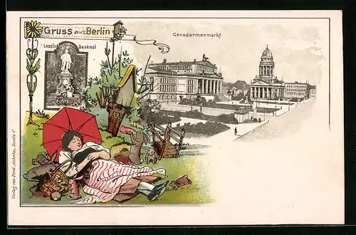 Lithographie Berlin-Tiergarten, Gensdarmenmarkt, Lessing-Denkmal