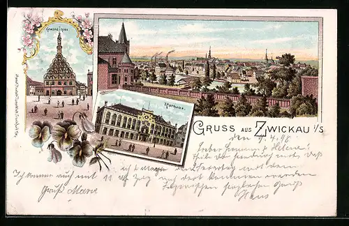 Lithographie Zwickau i. S., Teilansicht, Rathaus, Gewandhaus