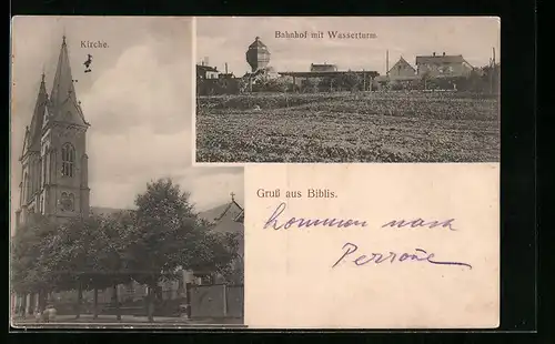 AK Biblis, Kirche, Bahnhof mit Wasserturm