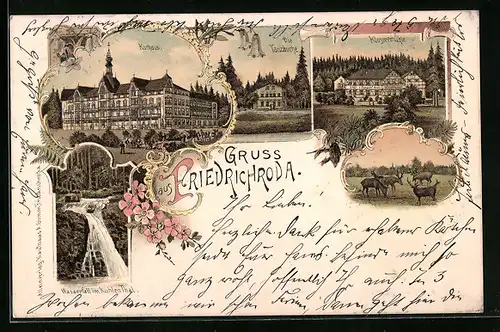 Lithographie Friedrichroda, Kurhaus, Klostermühle, Die Tanzbuche