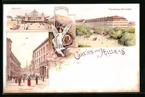Lithographie Halle a. S., Francke`sche Stiftungen, Bahnhof, Kaiserdenkmal