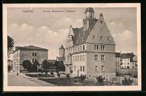 AK Zwenkau, Schule mit Wasserturm und Rathaus