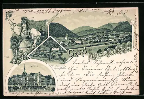 Lithographie Friedrichroda, Kurhaus, Inselsberg, Hirschgruppe im Thüringer Walde