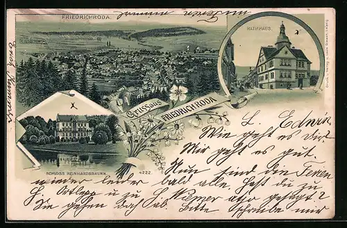 Lithographie Friedrichroda, Ortsansicht, Schloss Reinhardsbrunn, Rathaus