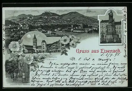 Mondschein-Lithographie Eisenach, Karlsplatz mit Nicolaitor, Sebastian Bach-Denkmal, Luther-Denkmal